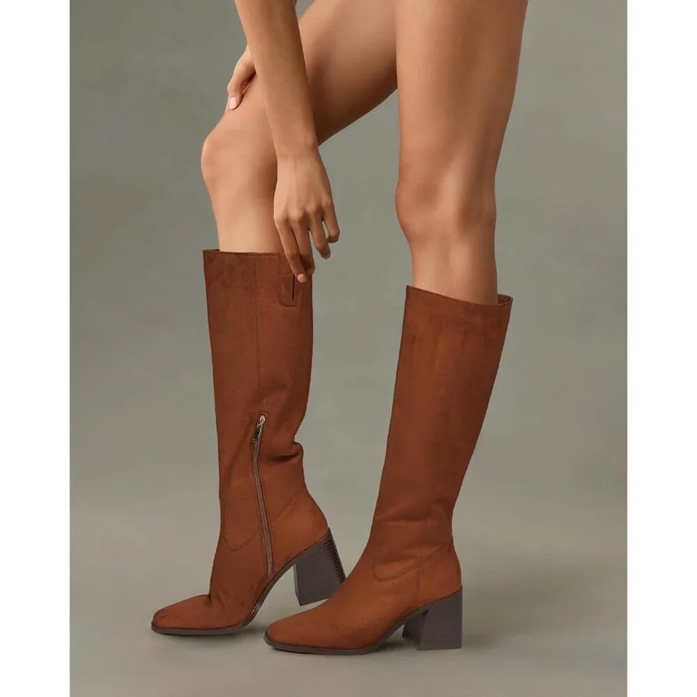 Women Brown-suede Polyurethane Knee High Square Toe Zipper Block Heel Tall Boots